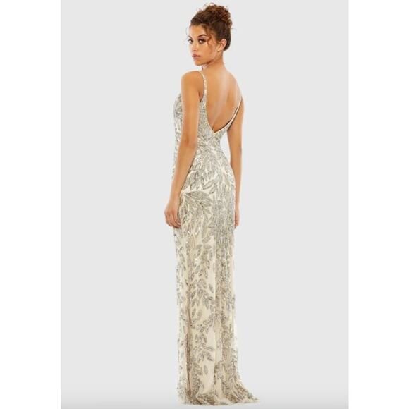 MAC DUGGAL Dress Size 2 Evening Gown Sequin NEW Silver Cream Beaded Leaf - Picture 2 of 9